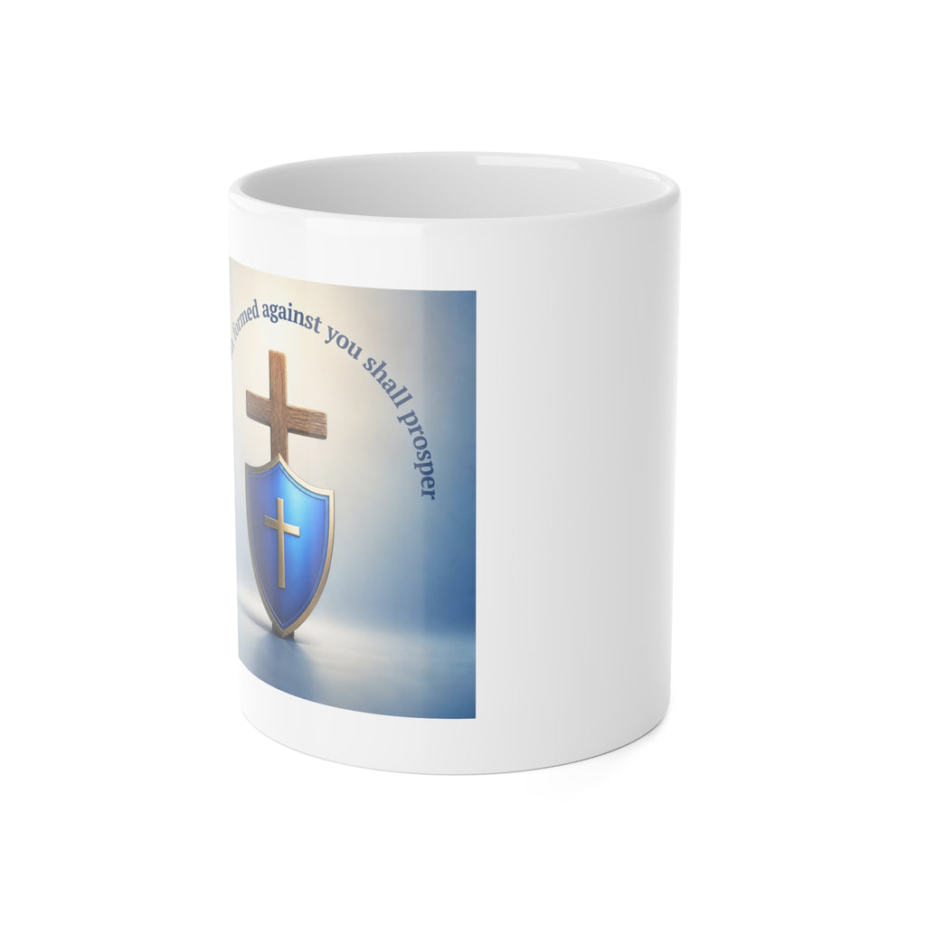 Christian Shield Mug — “No weapon formed against you shall prosper” 11oz Ceramic
